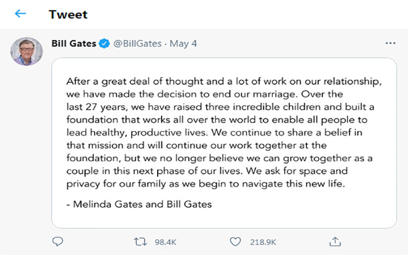 توئیت بیل گیتس برای طلاق